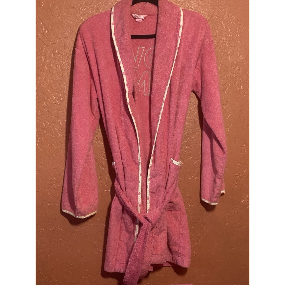 Victoria's Secret PINK Solid Pink Terry Tie Belted Robe Collared Logo XS/S